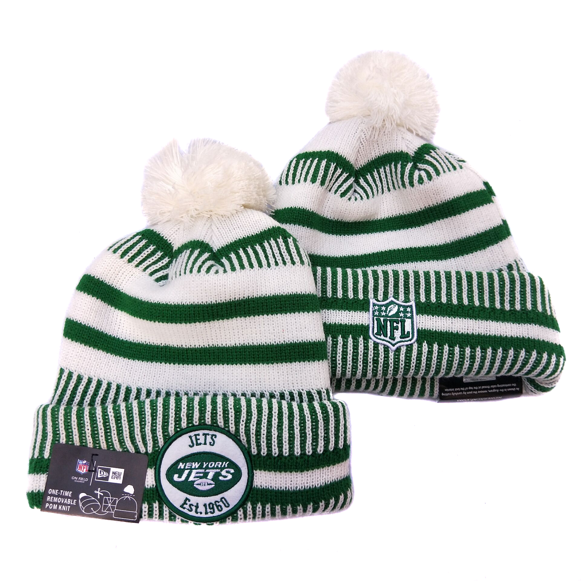 Jets Team Logo Green White Pom Knit Hat YD
