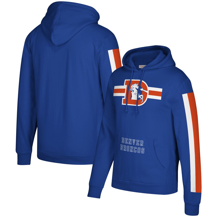 Denver Broncos Mitchell & Ness Three Stripe Pullover Hoodie Royal - Click Image to Close