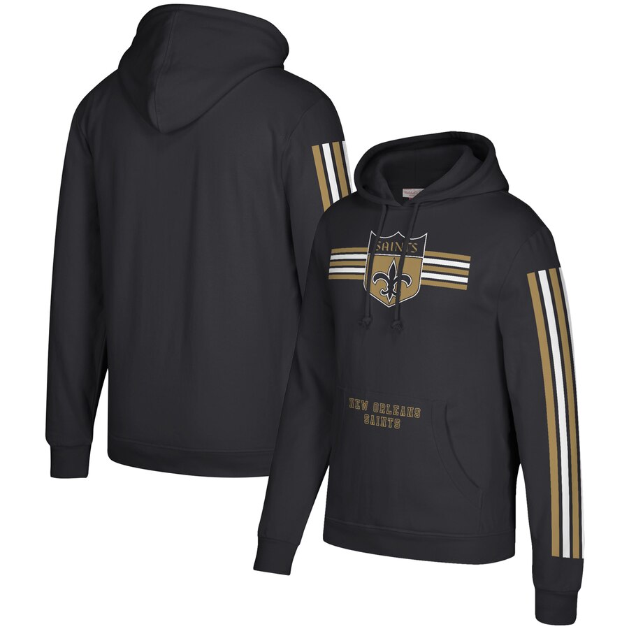 New Orleans Saints Mitchell & Ness Three Stripe Pullover Hoodie Black - Click Image to Close