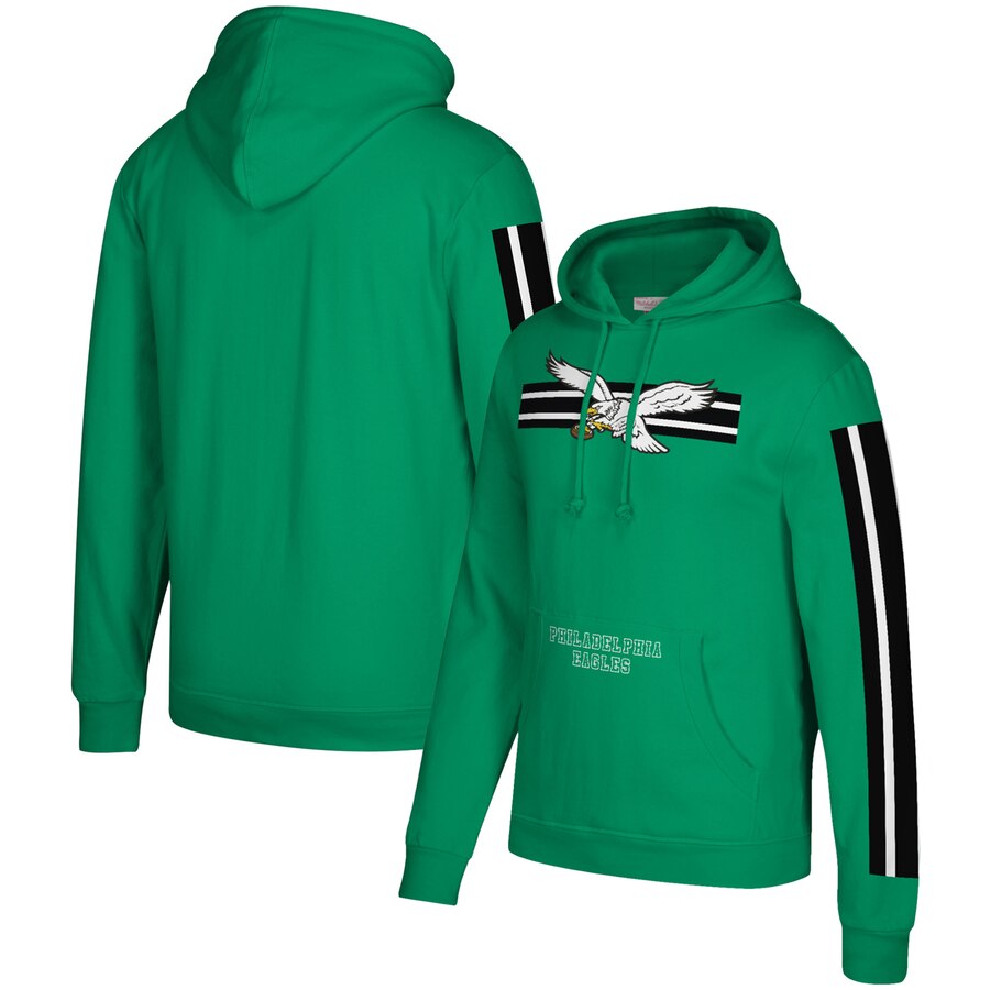 Philadelphia Eagles Mitchell & Ness Three Stripe Pullover Hoodie Green - Click Image to Close