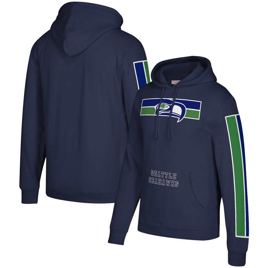 Seattle Seahawks Mitchell & Ness Three Stripe Pullover Hoodie College Navy - Click Image to Close