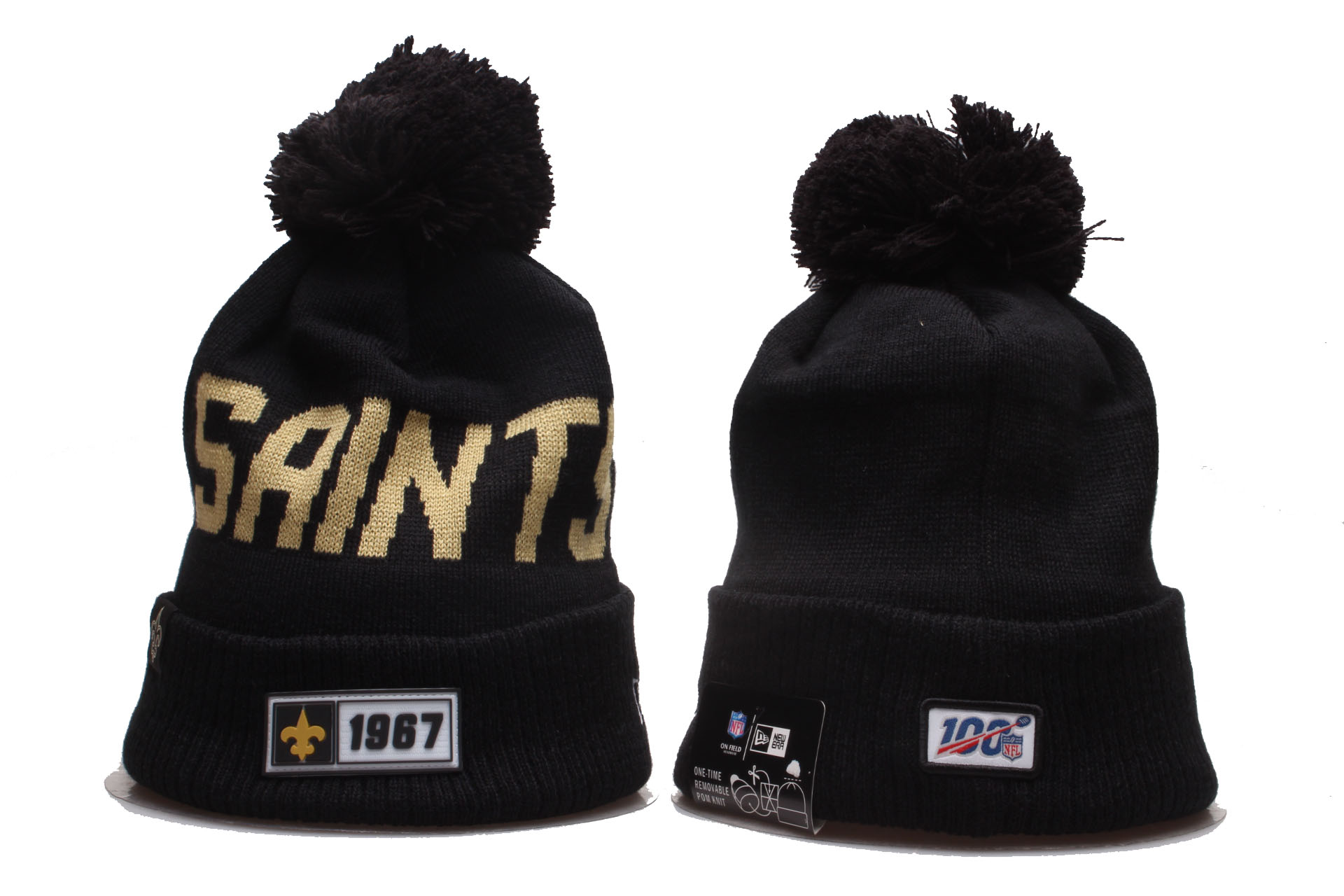 Saints Team Logo Black 100th Season Pom Knit Hat YD - Click Image to Close