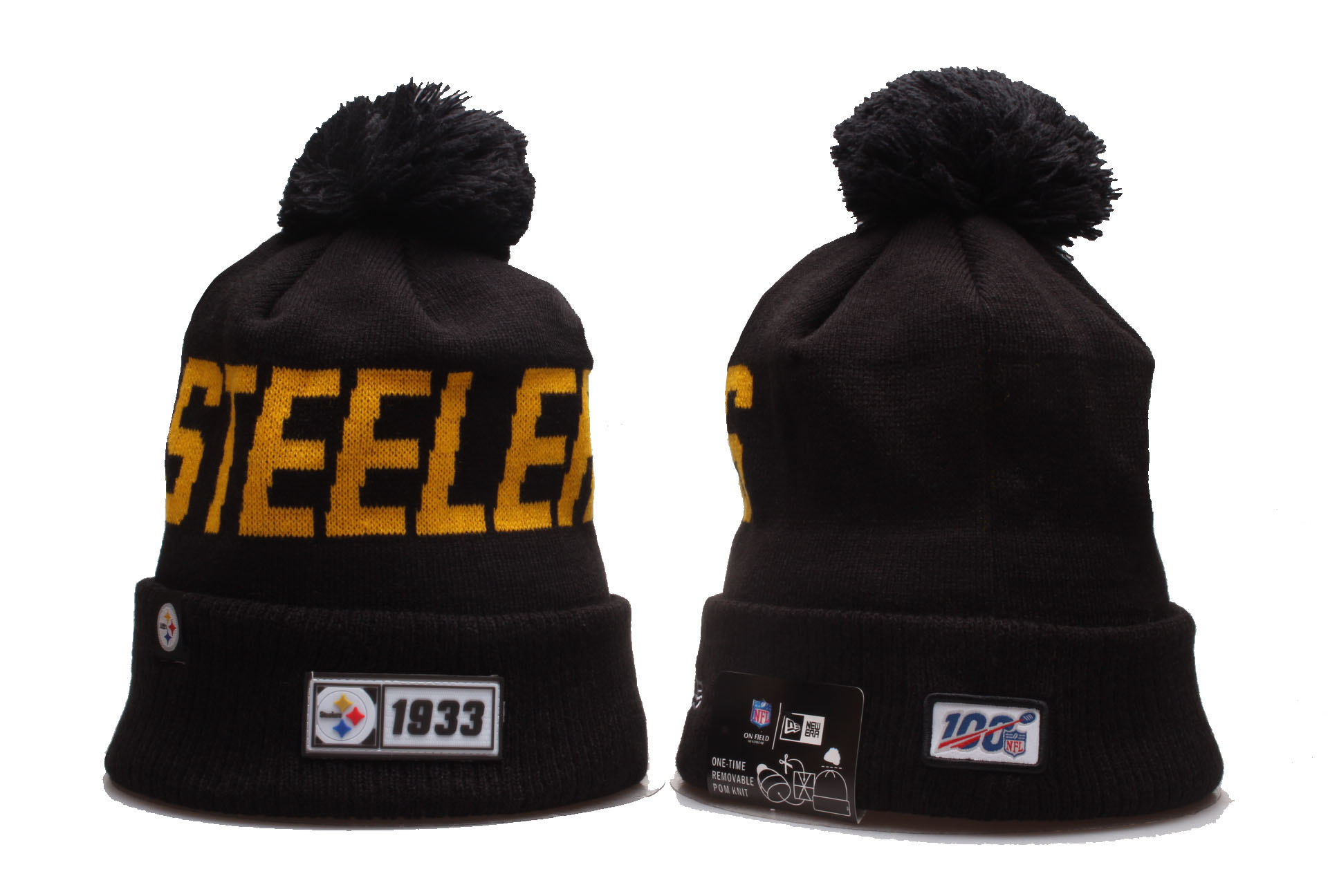 Steelers Team Logo Black 100th Season Pom Knit Hat YD - Click Image to Close