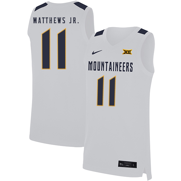 West Virginia Mountaineers 11 Emmitt Matthews Jr. White Nike Basketball College Jersey.jpeg