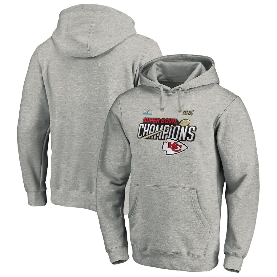 Kansas City Chiefs NFL Pro Line by Fanatics Branded Super Bowl LIV Champions Trophy Collection Locker Room Pullover Hoodie Heather Gray - Click Image to Close