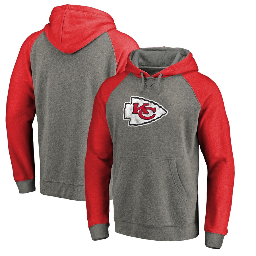 Kansas City Chiefs NFL Pro Line by Fanatics Branded Throwback Logo Big & Tall Tri Blend Raglan Pullover Hoodie Gray&Red - Click Image to Close
