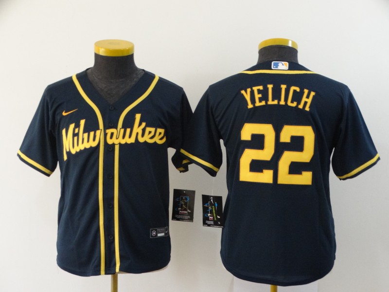 Brewers 22 Christian Yelich Navy Youth Nike 2020 Cool Base Jersey