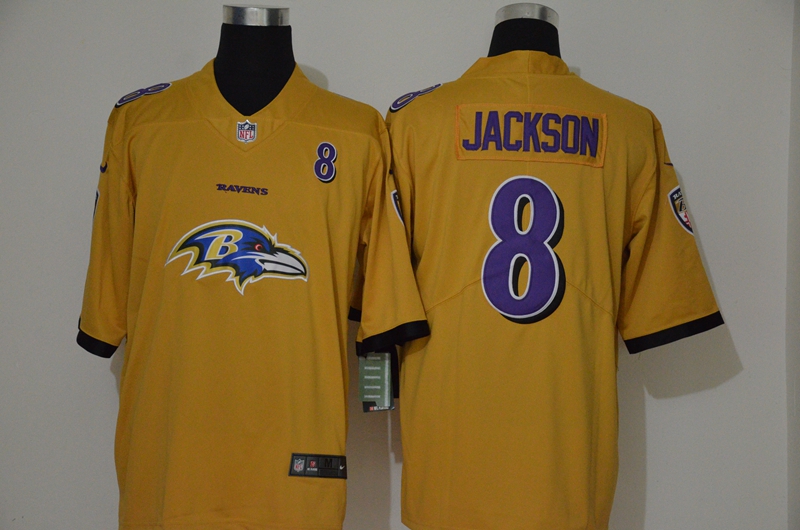 Nike Ravens 8 Lamar Jackson Yellow Team Big Logo Number Vapor Untouchable Limited Jersey