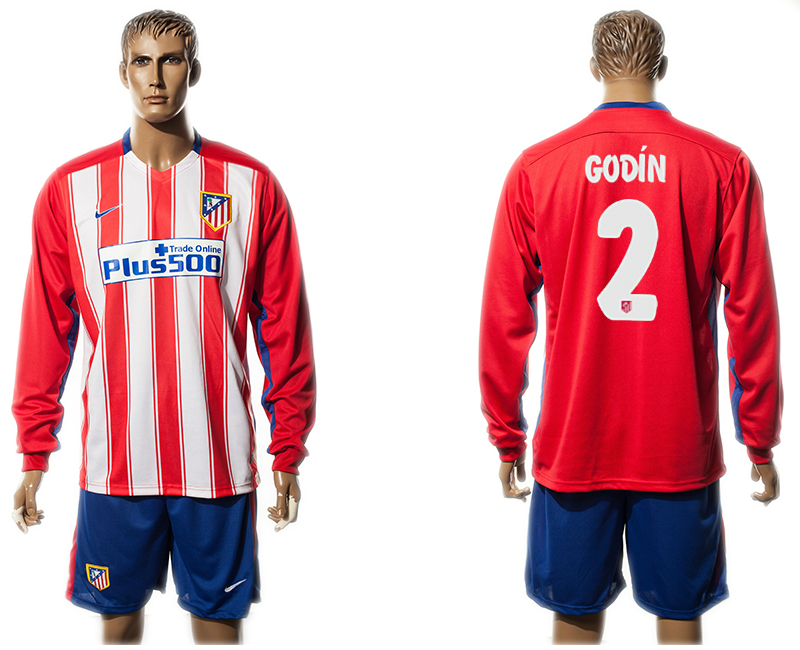 2015-16 Atletico Madrid 2 GODIN Home Long Sleeve Jersey