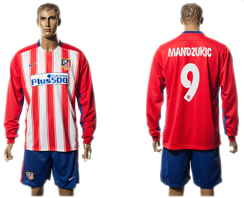 2015-16 Atletico Madrid 9 MANDZUKIC Home Long Sleeve Jersey