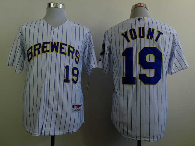 Brewers 19 Yount White Blue Stripe Jerseys