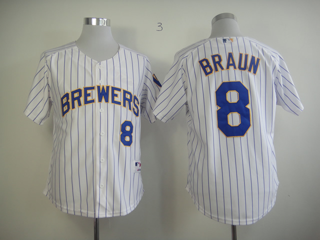 Brewers 8 Braun White blue strip Jerseys