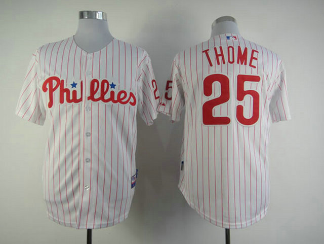 Phillies 25 Thome Red Stripe White Jerseys