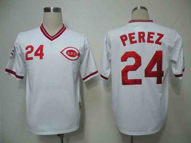 Reds 24 Perez White Jerseys - Click Image to Close