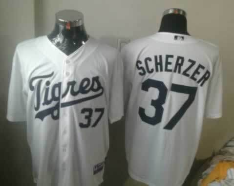 Tigers 37 Scherzer White Cool Base Jerseys