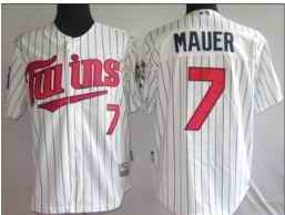 Twins 7 Joe Mauer white jersey with red letter jersey