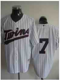 Twins 7 Joe Mauer white with blue letter jersey