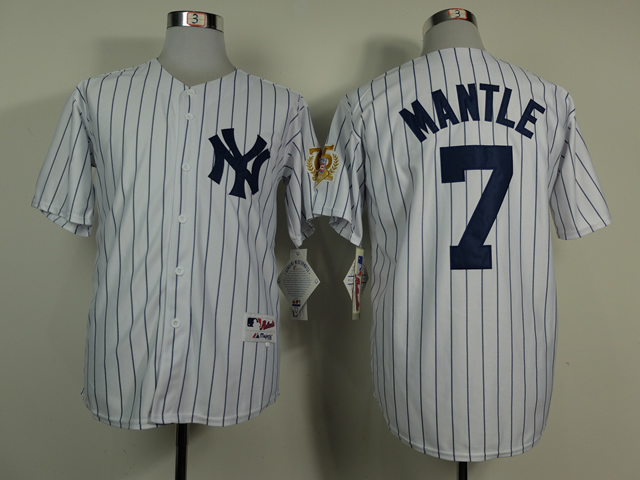 Yankees 7 Mantle White With 75th Hall Of Fame Jerseys