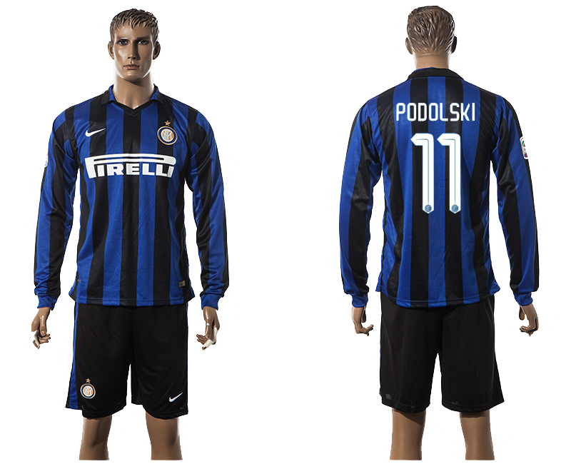 2015-16 Inter Milan 11 PODOLSKI Home Long Sleeve Jersey