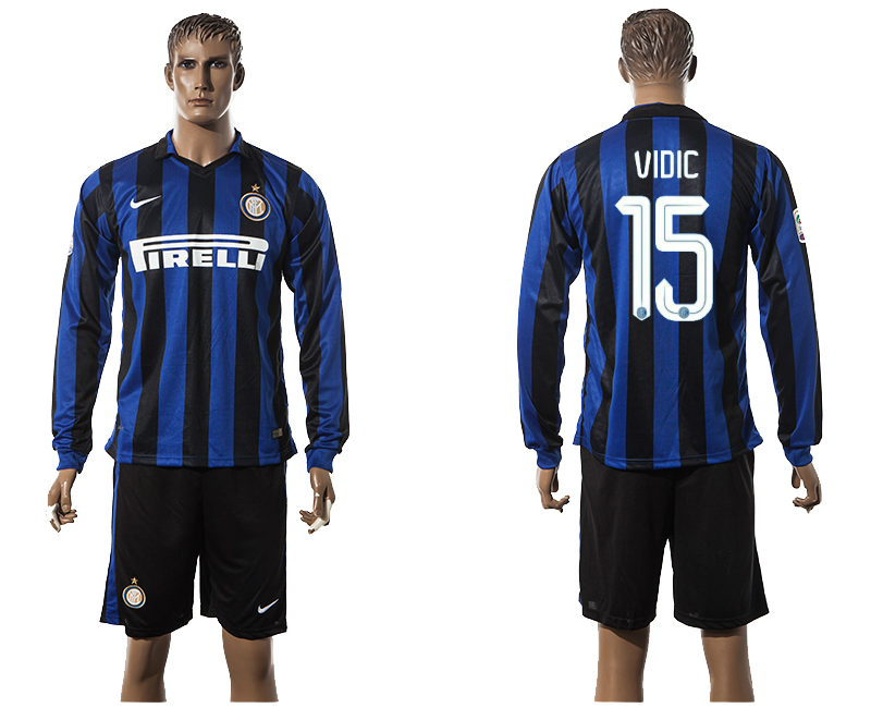 2015-16 Inter Milan 15 VIDIC Home Long Sleeve Jersey