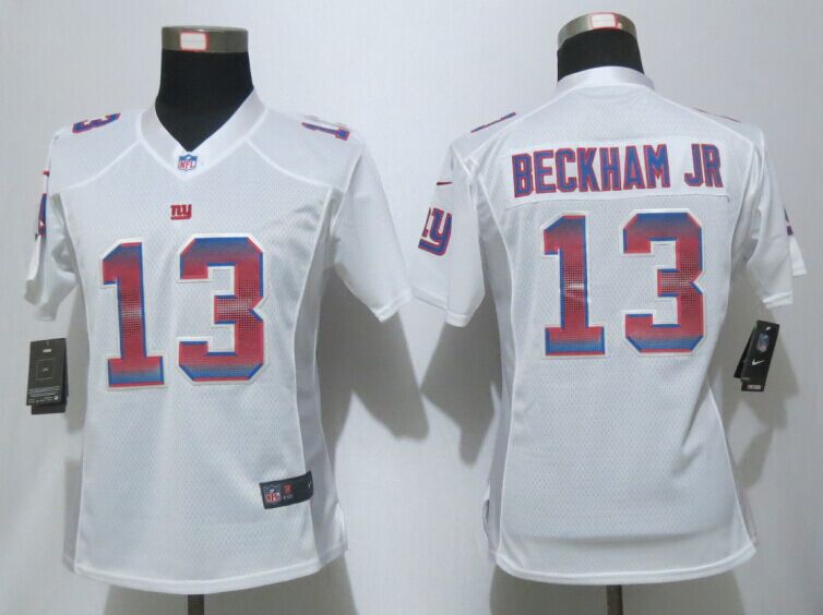 Nike Giants 13 Odell Beckham Jr White Pro Line Fashion Strobe Women Jersey