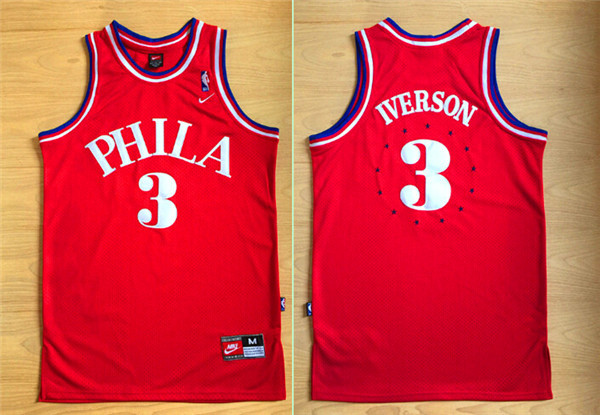 76ers 3 Allen Iverson Red Throwback Jersey