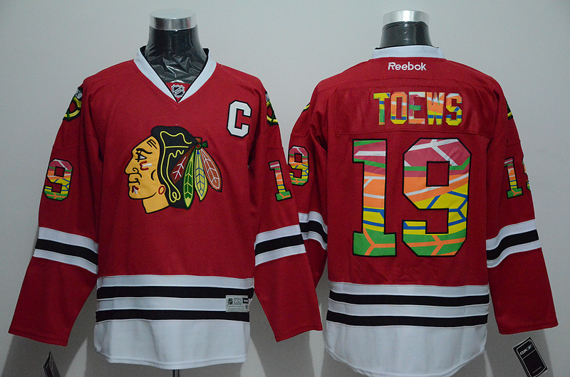 Blackhawks 19 Jonathan Toews Red Colorful Letters Reebok Jersey - Click Image to Close