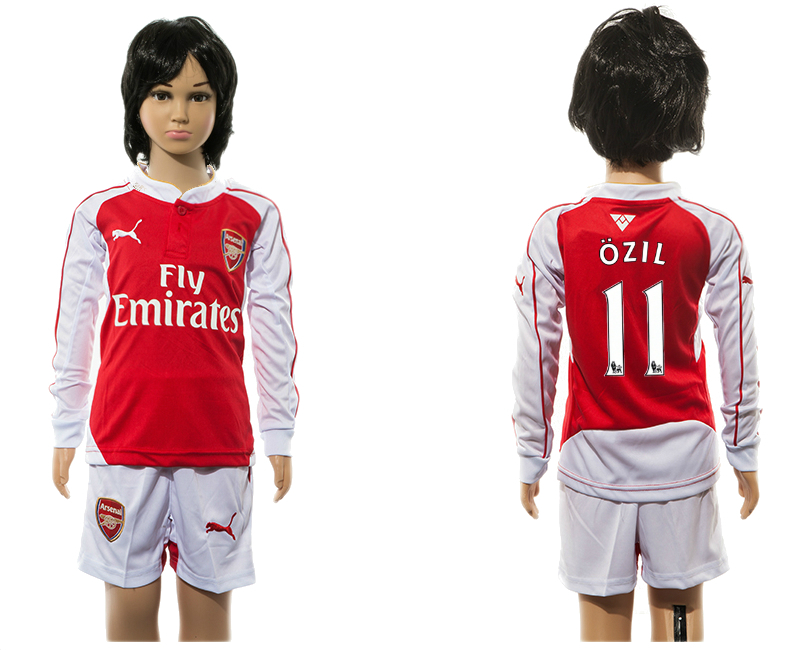 2015-16 Arsenal 11 OZIL Home Youth Long Sleeve Jersey