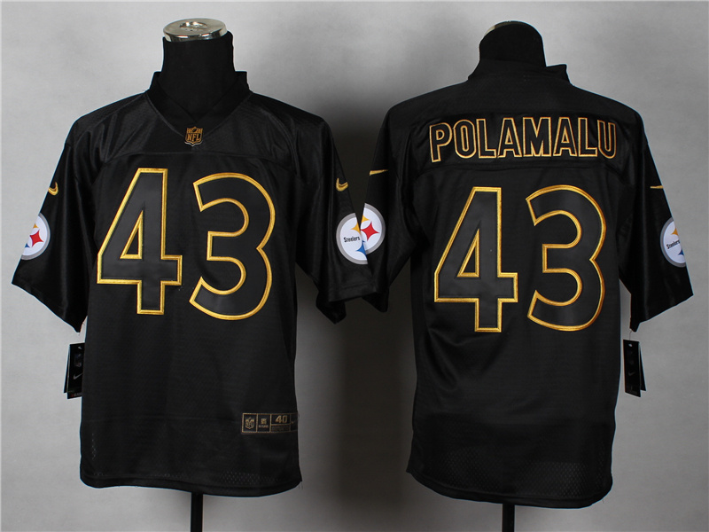 Nike Steelers 43 Polamalu Black Elite 2014 Pro Gold Lettering Fashion Jerseys
