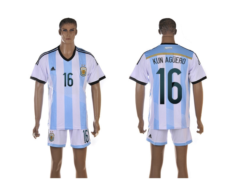 Argentina 16 Kun Aguero 2014 World Cup Home Soccer Jersey