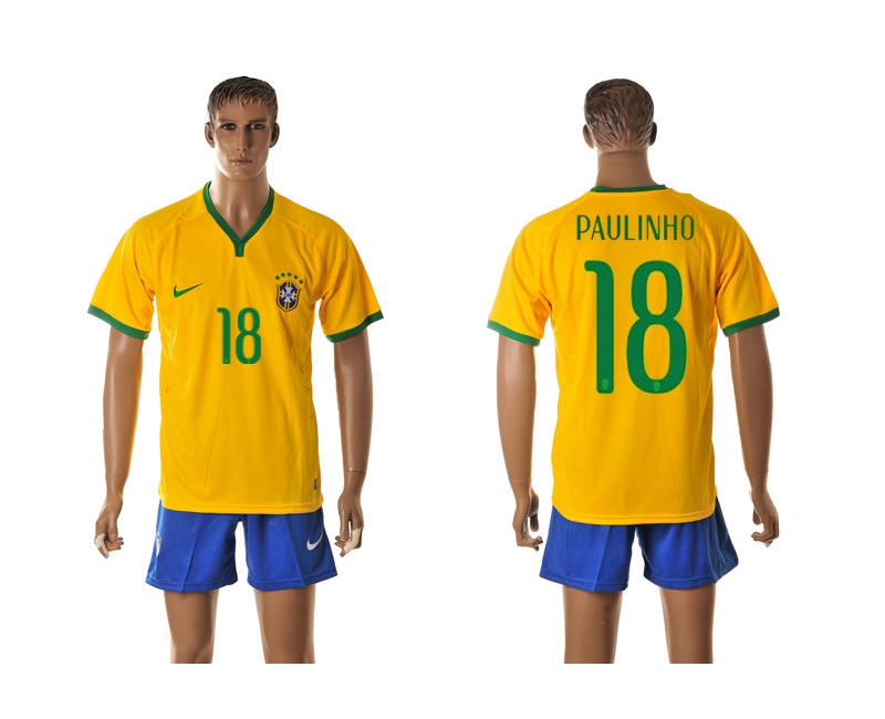 Brazil 18 Paulinho 2014 World Cup Home Soccer Jersey