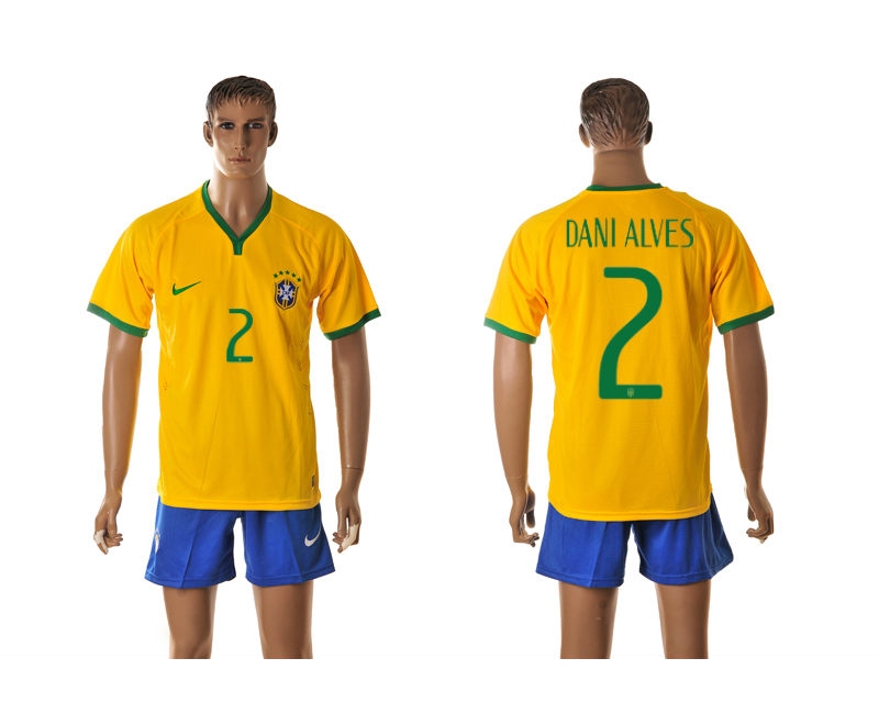 Brazil 2 Dani Alves 2014 World Cup Home Soccer Jersey