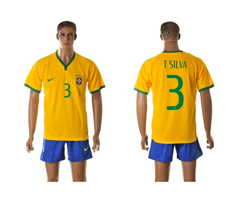Brazil 3 T.Silva 2014 World Cup Home Soccer Jersey