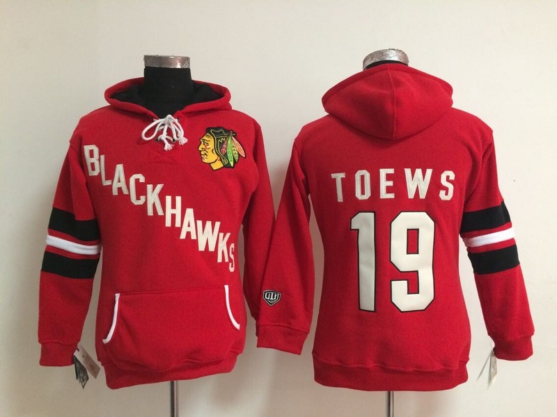 Blackhawks 19 Toews Red Women All Stitched Hooded Sweatshirt - Click Image to Close
