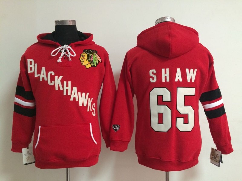 Blackhawks 65 Shaw Red Women All Stitched Hooded Sweatshirt - Click Image to Close