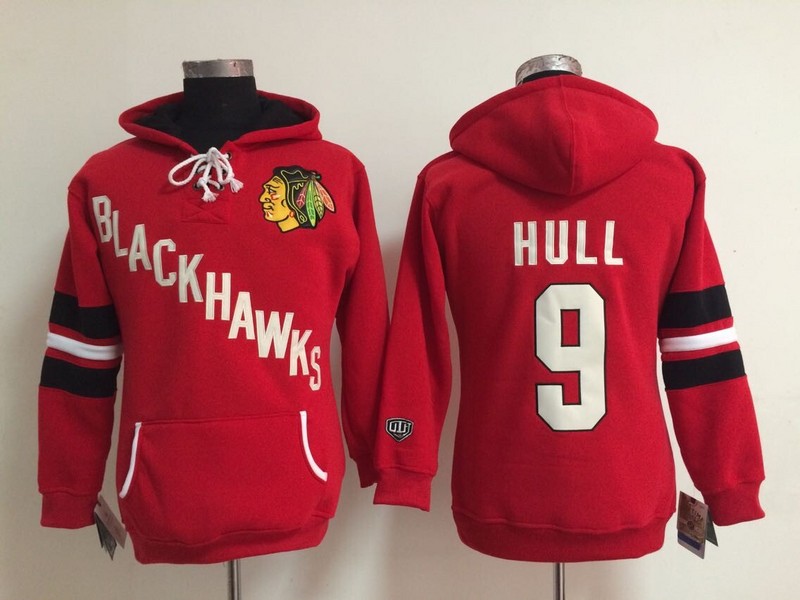 Blackhawks 9 Hull Red Women All Stitched Hooded Sweatshirt - Click Image to Close