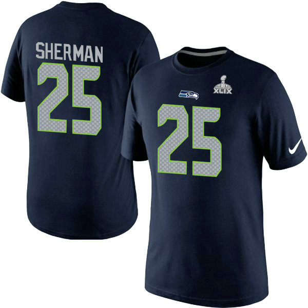 Nike Seahawks 25 Sherman Blue 2015 Super Bowl XLIX T Shirts