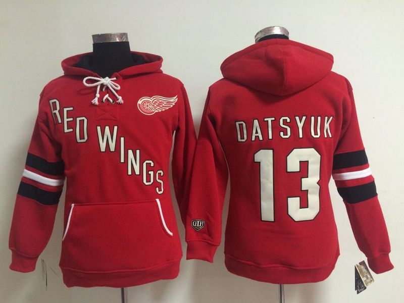 Red Wings 13 Datsyuk Red Women All Stitched Hooded Sweatshirt
