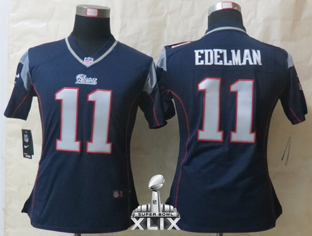 Nike Patriots 11 Edelman Blue Women Game 2015 Super Bowl XLIX Jerseys