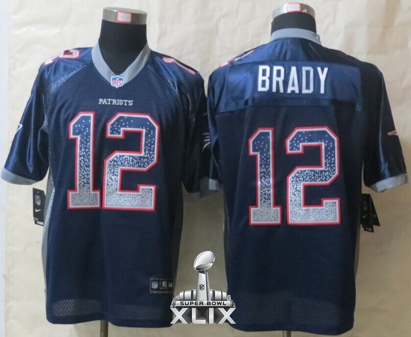 Nike Patriots 12 Brady Blue Drift Fashion Elite 2015 Super Bowl XLIX Jerseys