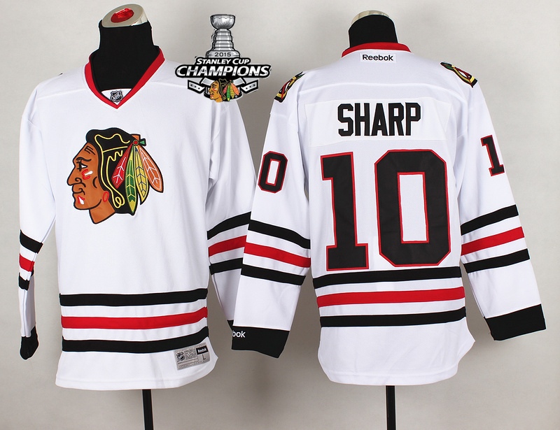 Blackhawks 10 Sharp White 2015 Stanley Cup Champions Jersey
