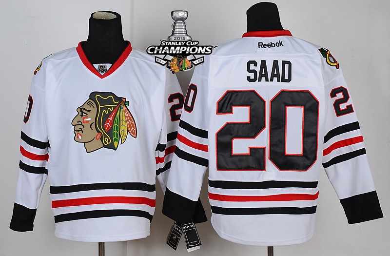 Blackhawks 20 Saad White 2015 Stanley Cup Champions Jersey