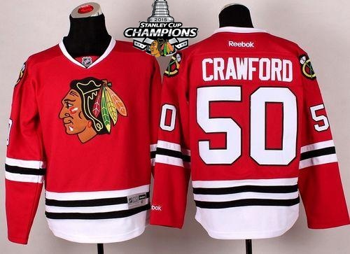 Blackhawks 50 Crawford Red 2015 Stanley Cup Champions Jersey