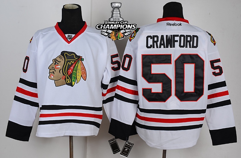 Blackhawks 50 Crawford White 2015 Stanley Cup Champions Jersey