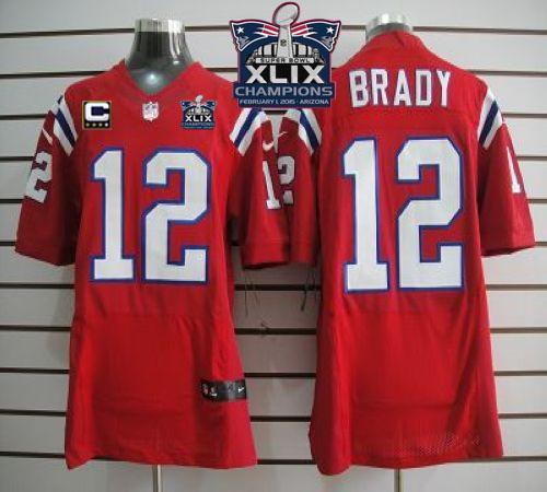 Nike Patriots 12 Brady Red With C Patch 2015 Super Bowl XLIX Champions Elite Jerseys