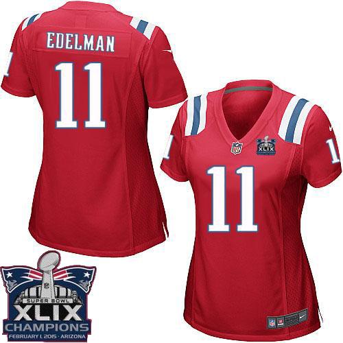 Nike Patriots 11 Edelman Red 2015 Super Bowl XLIX Champions Women Game Jerseys