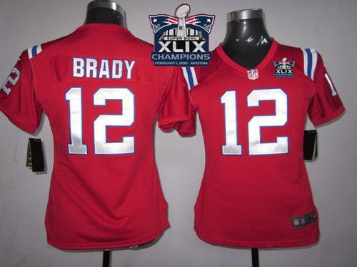 Nike Patriots 12 Brady Red 2015 Super Bowl XLIX Champions Women Game Jerseys