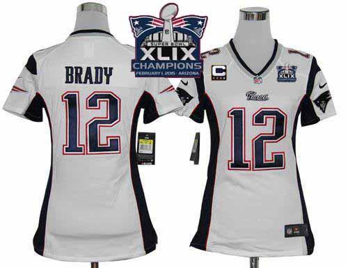Nike Patriots 12 Brady White With C Patch 2015 Super Bowl XLIX Champions Women Game Jerseys