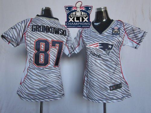 Nike Patriots 87 Gronkowski Zebra 2015 Super Bowl XLIX Champions Women Game Jerseys