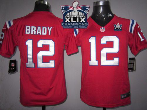 Nike Patriots 12 Brady Red 2015 Super Bowl XLIX Champions Youth Game Jerseys